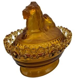 Amber Glass Atterbury Lion Covered Dish – Imperial Glass Co – 7” Wide Yellow